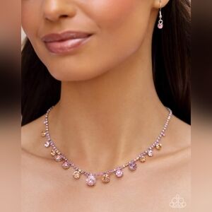 Delicate Pink, Purple, and Gold Rhinestone Drop Necklace Set